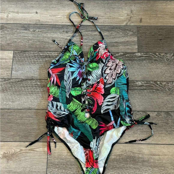 NWT Women Black Floral Deep V Neck Halter Plunging Backless One Piece Swimsuit - Picture 4 of 10